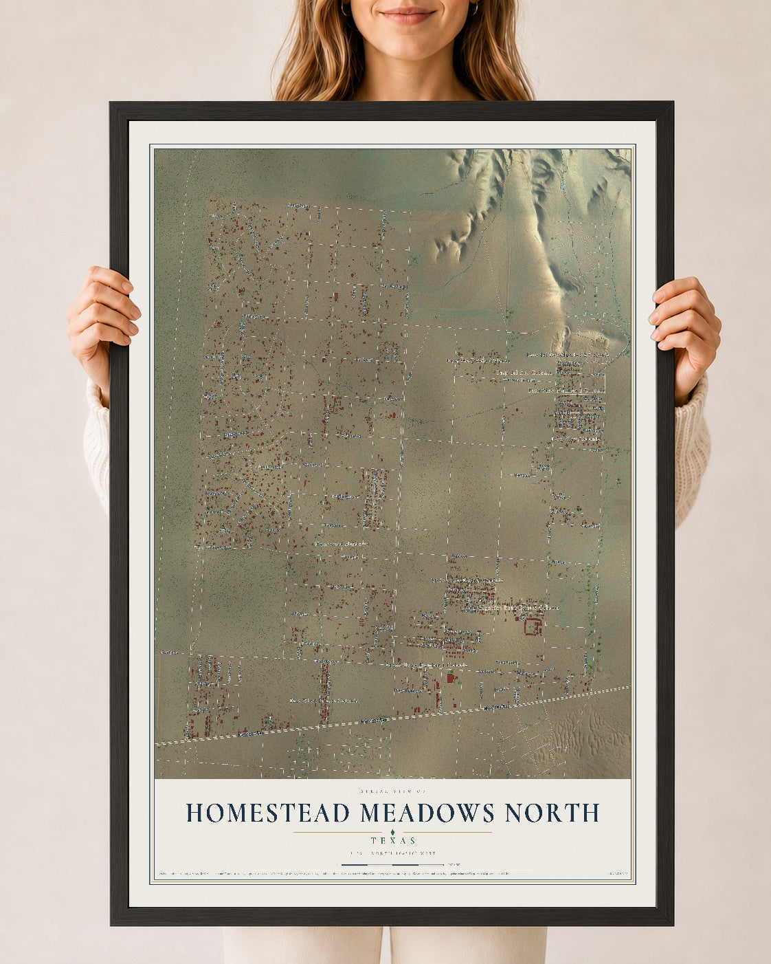 Map of Homestead Meadows North, Texas, 24 x 36 inch print in a black wood frame