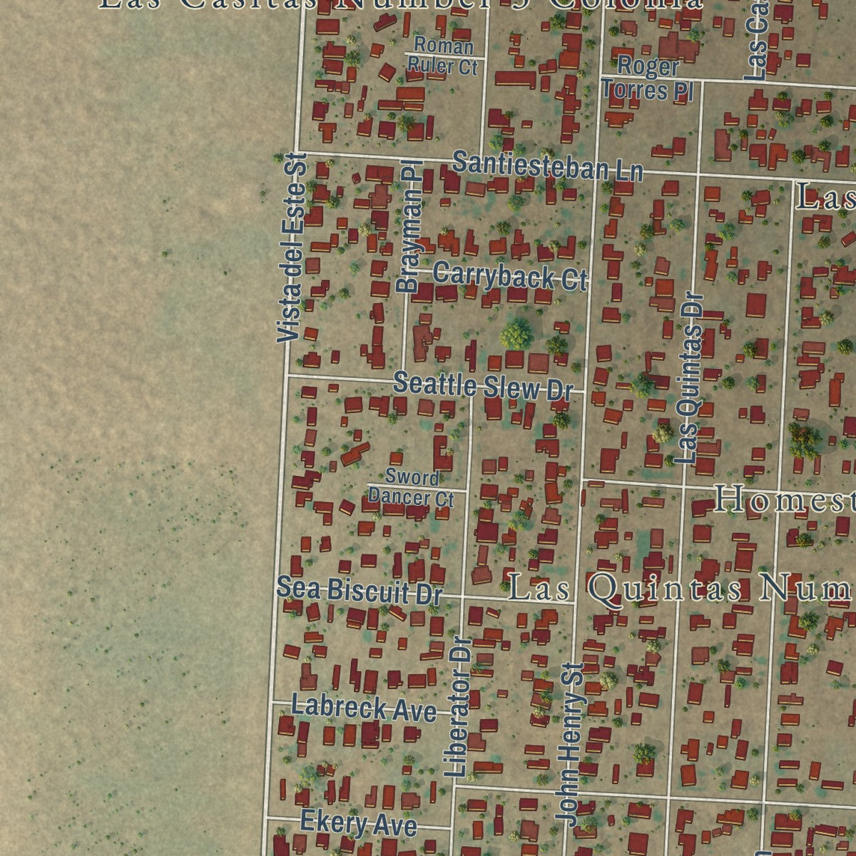 Second close-up of the map of Homestead Meadows South, Texas print showing more streets and buildings