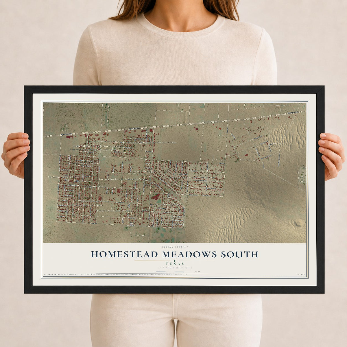 Map of Homestead Meadows South, Texas, 12 x 18 inch print in a black wood frame