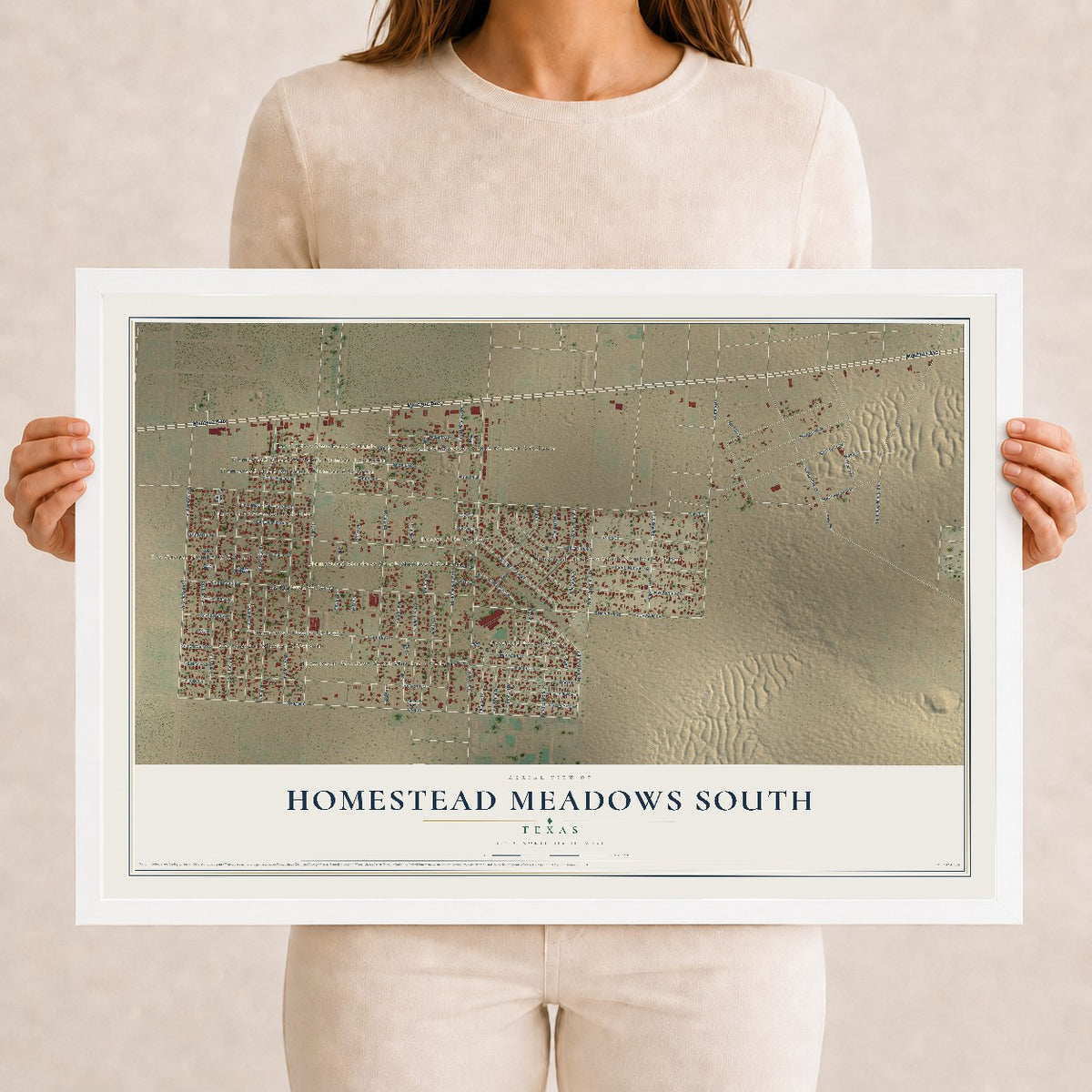 Map of Homestead Meadows South, Texas, 12 x 18 inch print in a white wood frame