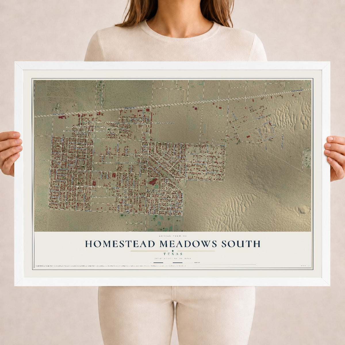 Map of Homestead Meadows South, Texas, 18 x 24 inch print in a white wood frame