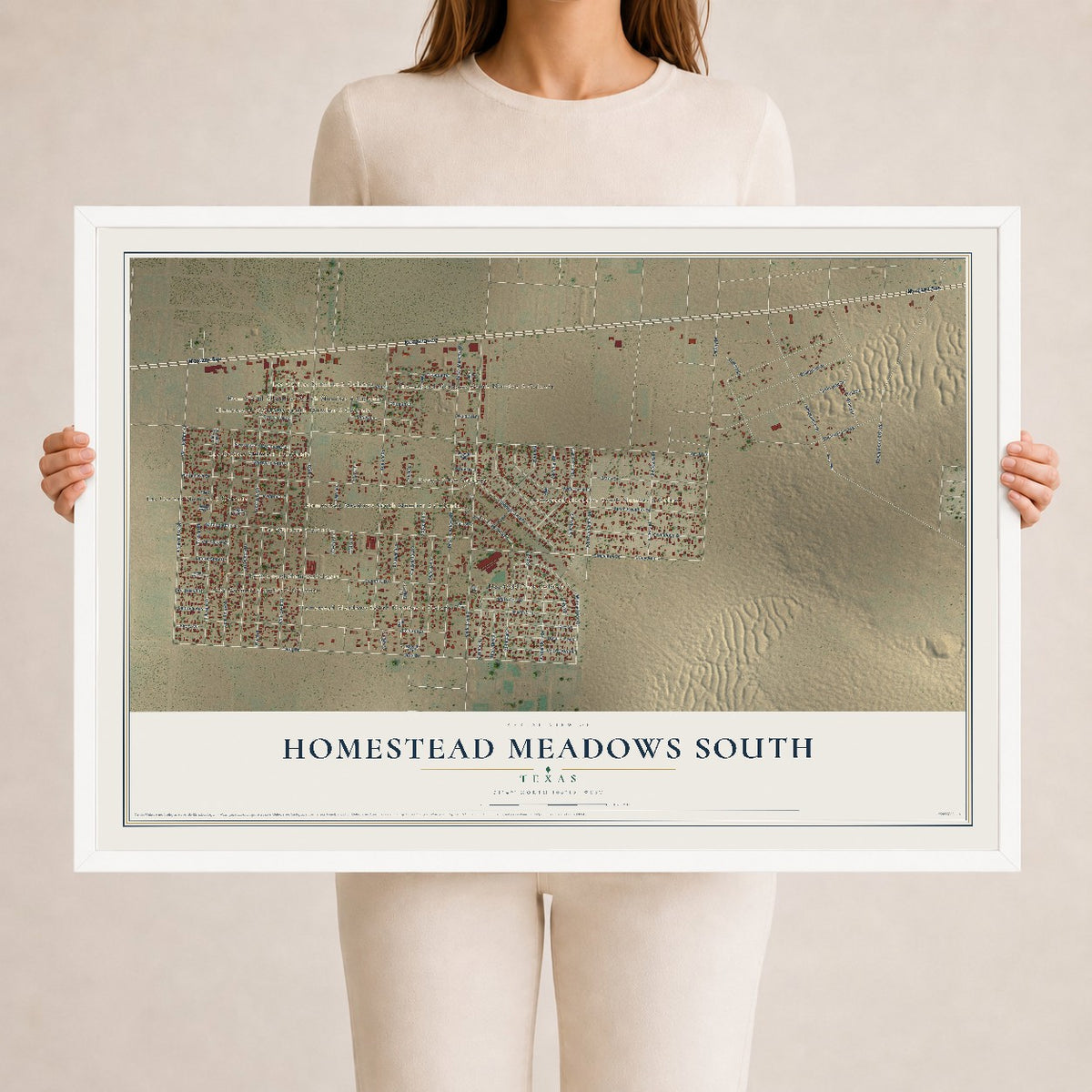 Map of Homestead Meadows South, Texas, 24 x 36 inch print in a white wood frame
