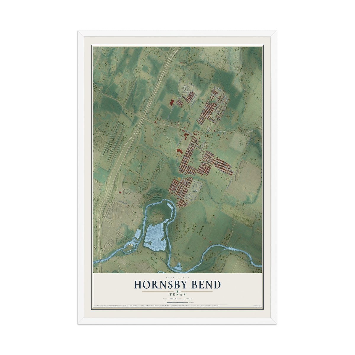 Map of Hornsby Bend, Texas, 12 x 18 inch print in a white wood frame
