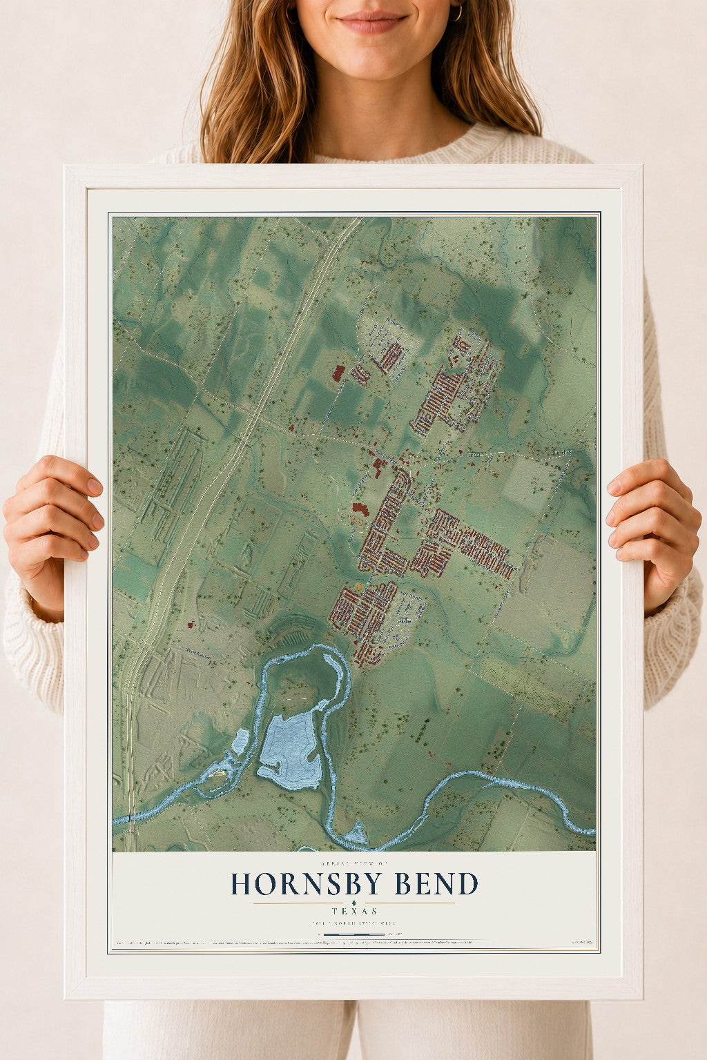 Map of Hornsby Bend, Texas, 18 x 24 inch print in a white wood frame