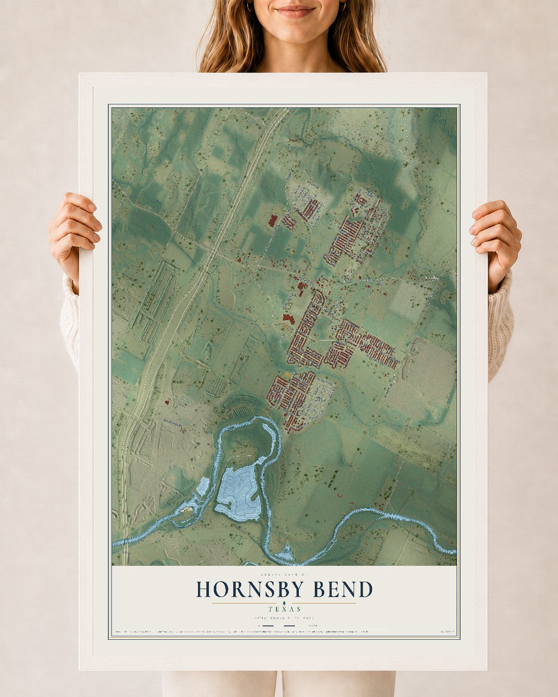 Map of Hornsby Bend, Texas, 24 x 36 inch print in a white wood frame