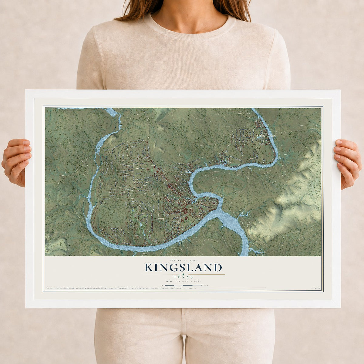 Map of Kingsland, Texas, 12 x 18 inch print in a white wood frame