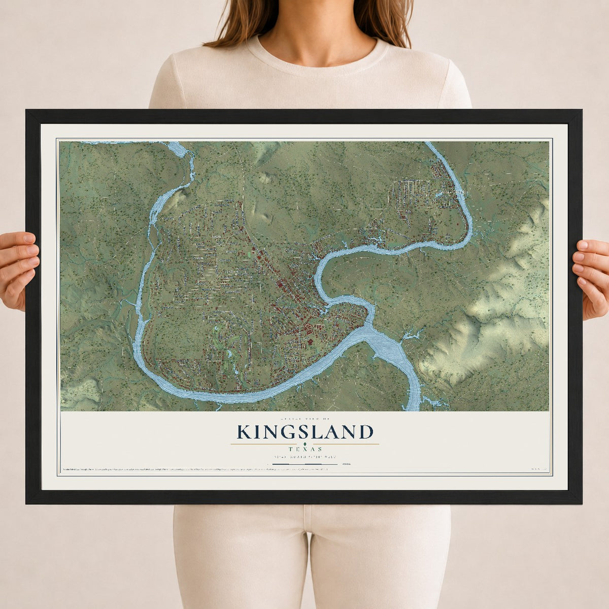 Map of Kingsland, Texas, 18 x 24 inch print in a black wood frame