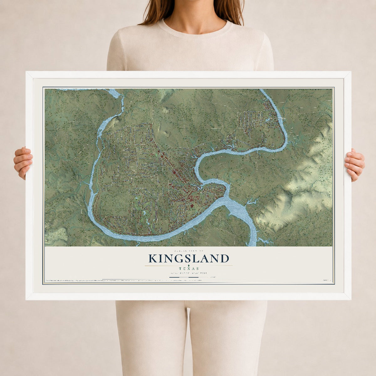 Map of Kingsland, Texas, 24 x 36 inch print in a white wood frame