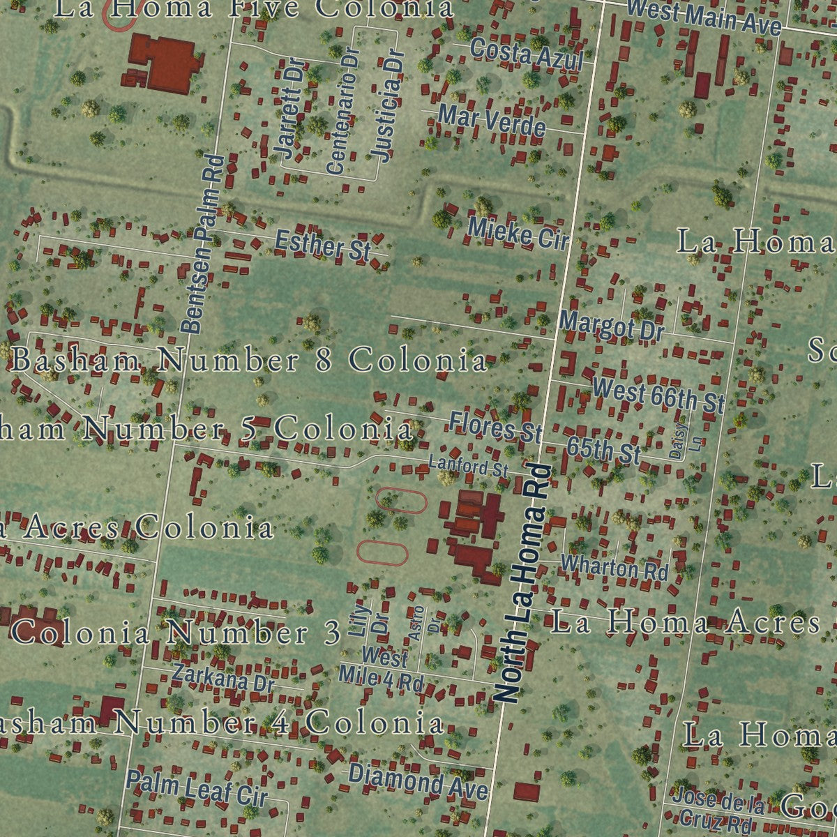 Close-up of the map of La Homa, Texas print showing street and building detail