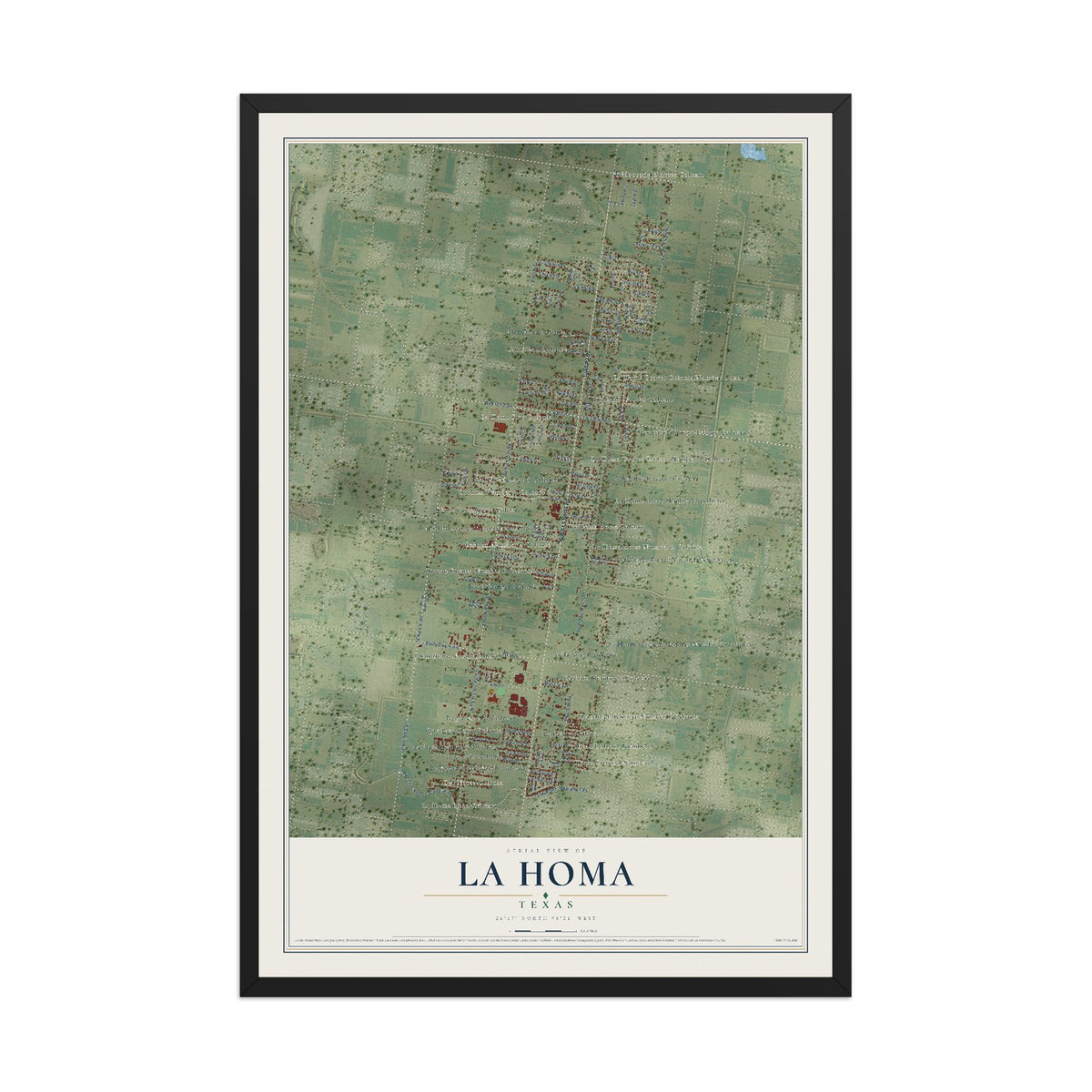 Map of La Homa, Texas, 12 x 18 inch print in a black wood frame