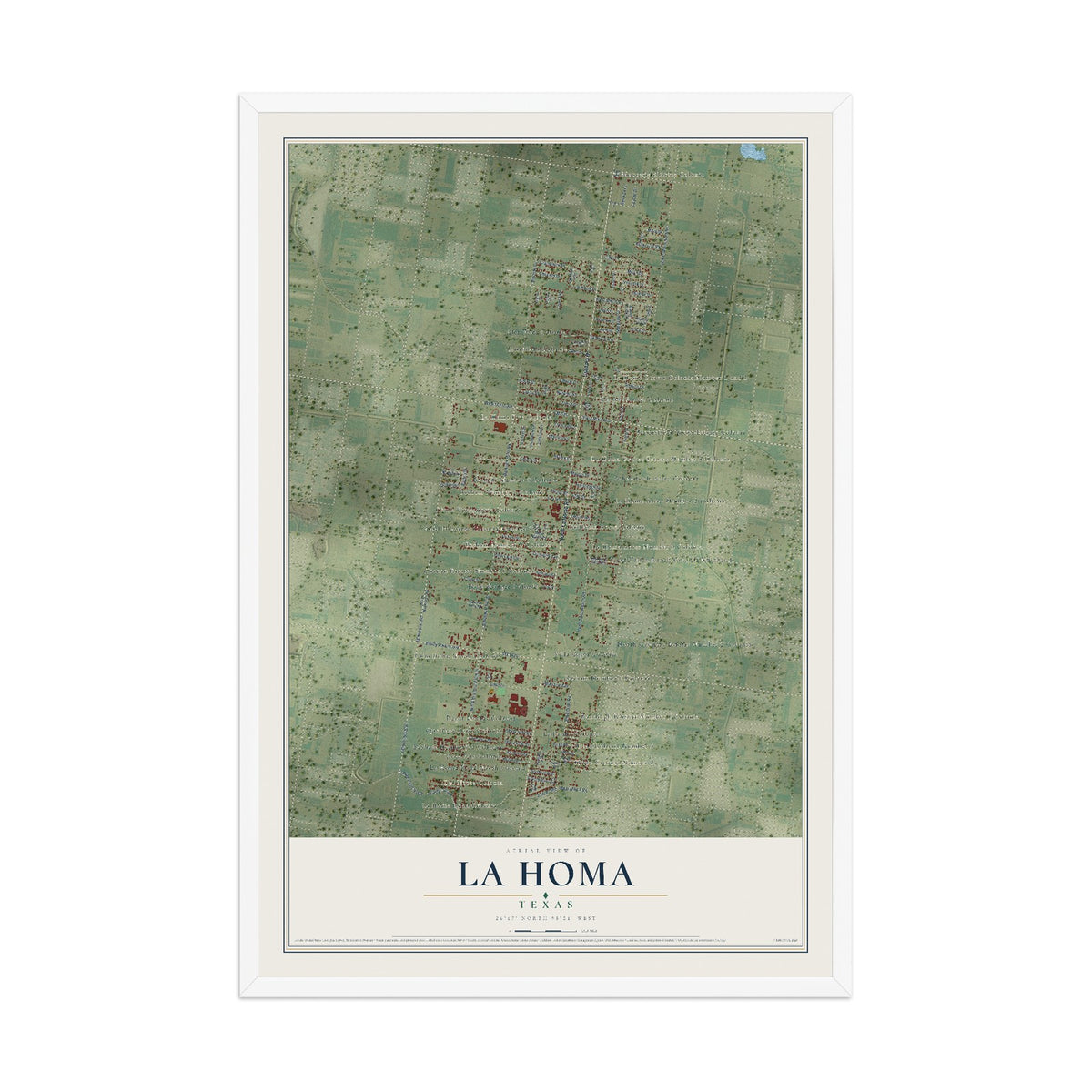 Map of La Homa, Texas, 12 x 18 inch print in a white wood frame