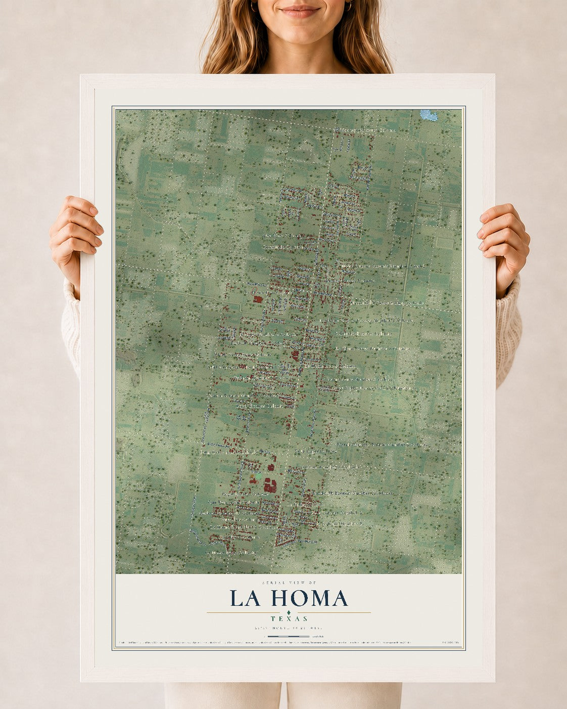 Map of La Homa, Texas, 24 x 36 inch print in a white wood frame