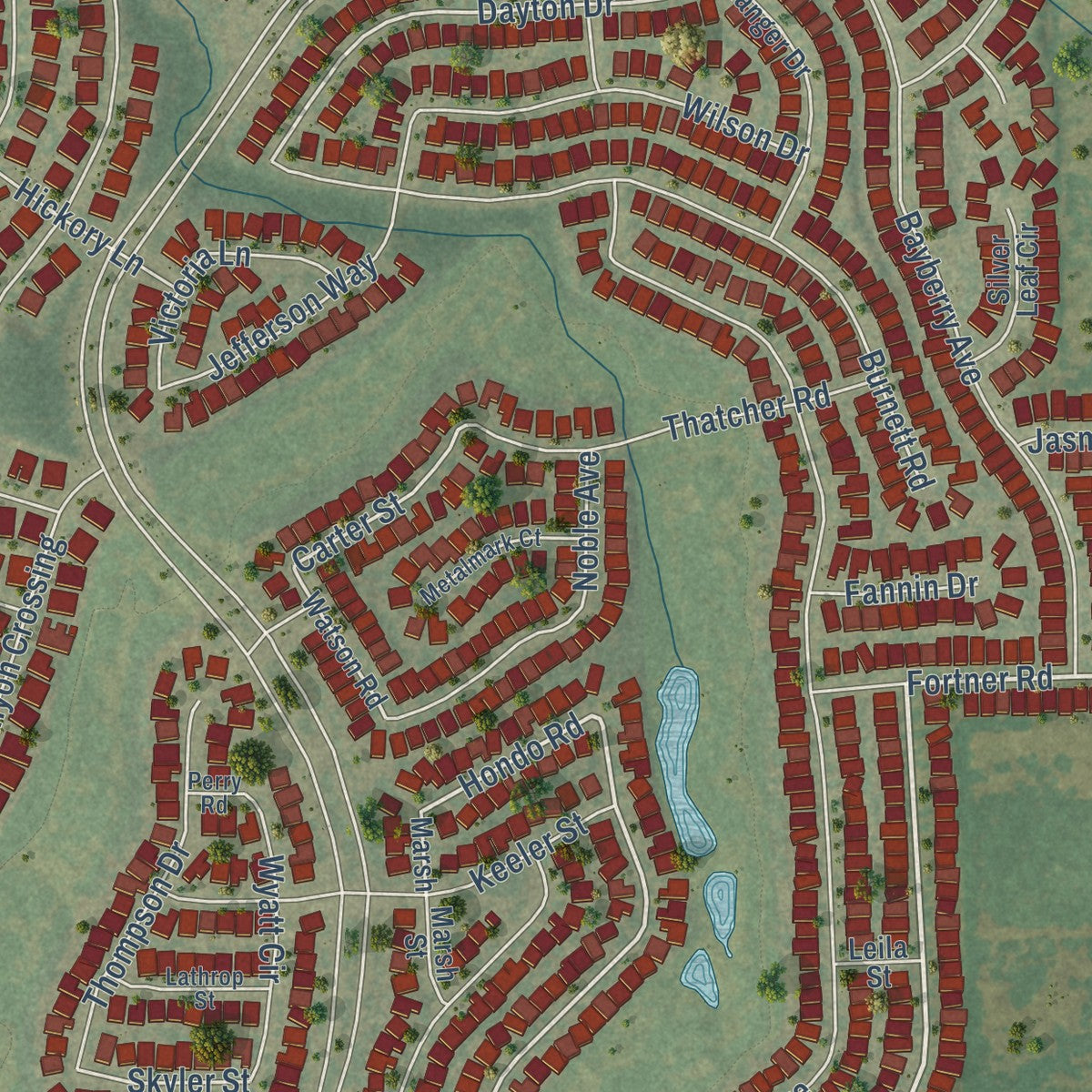 Close-up of the map of Lantana, Texas print showing street and building detail