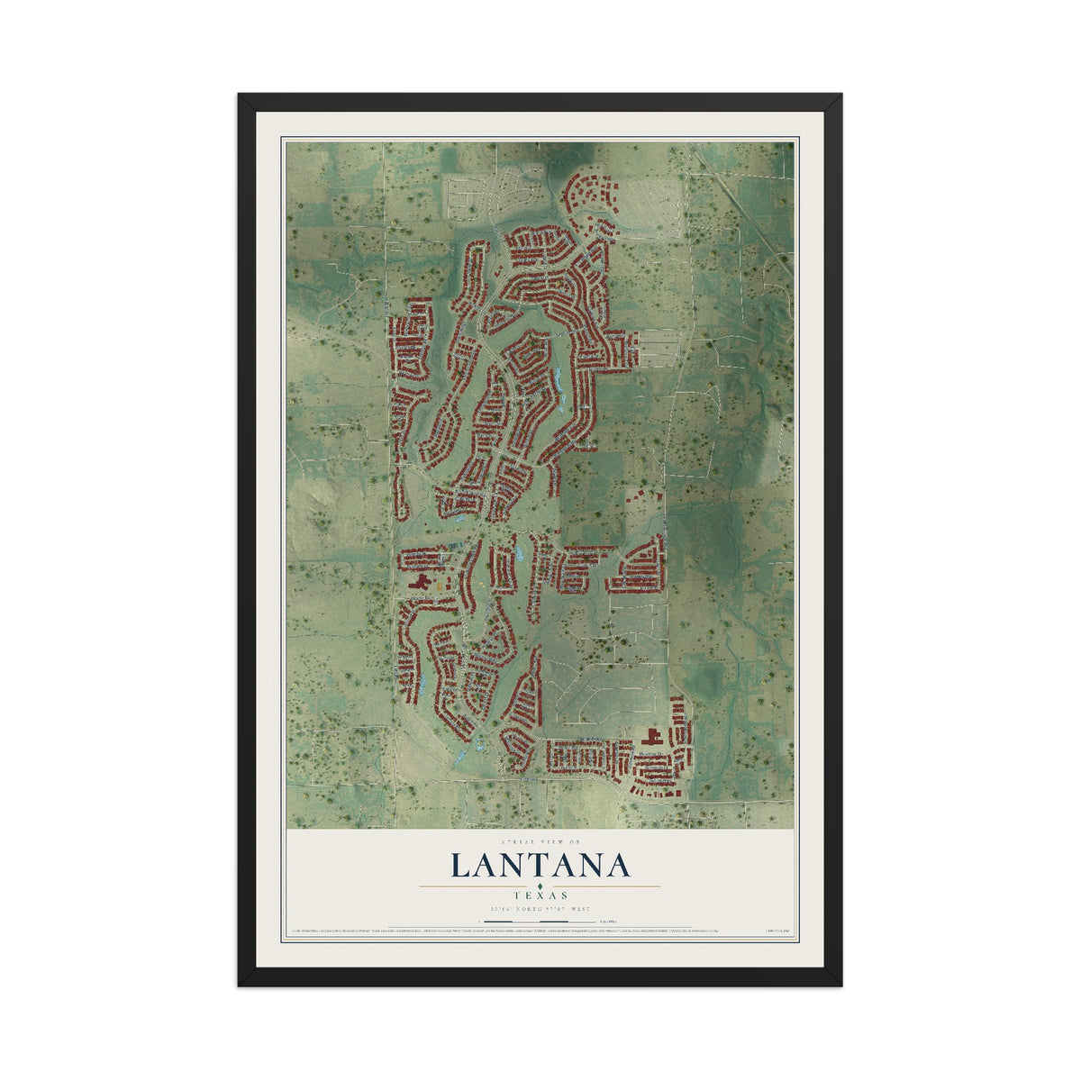 Map of Lantana, Texas, 12 x 18 inch print in a black wood frame