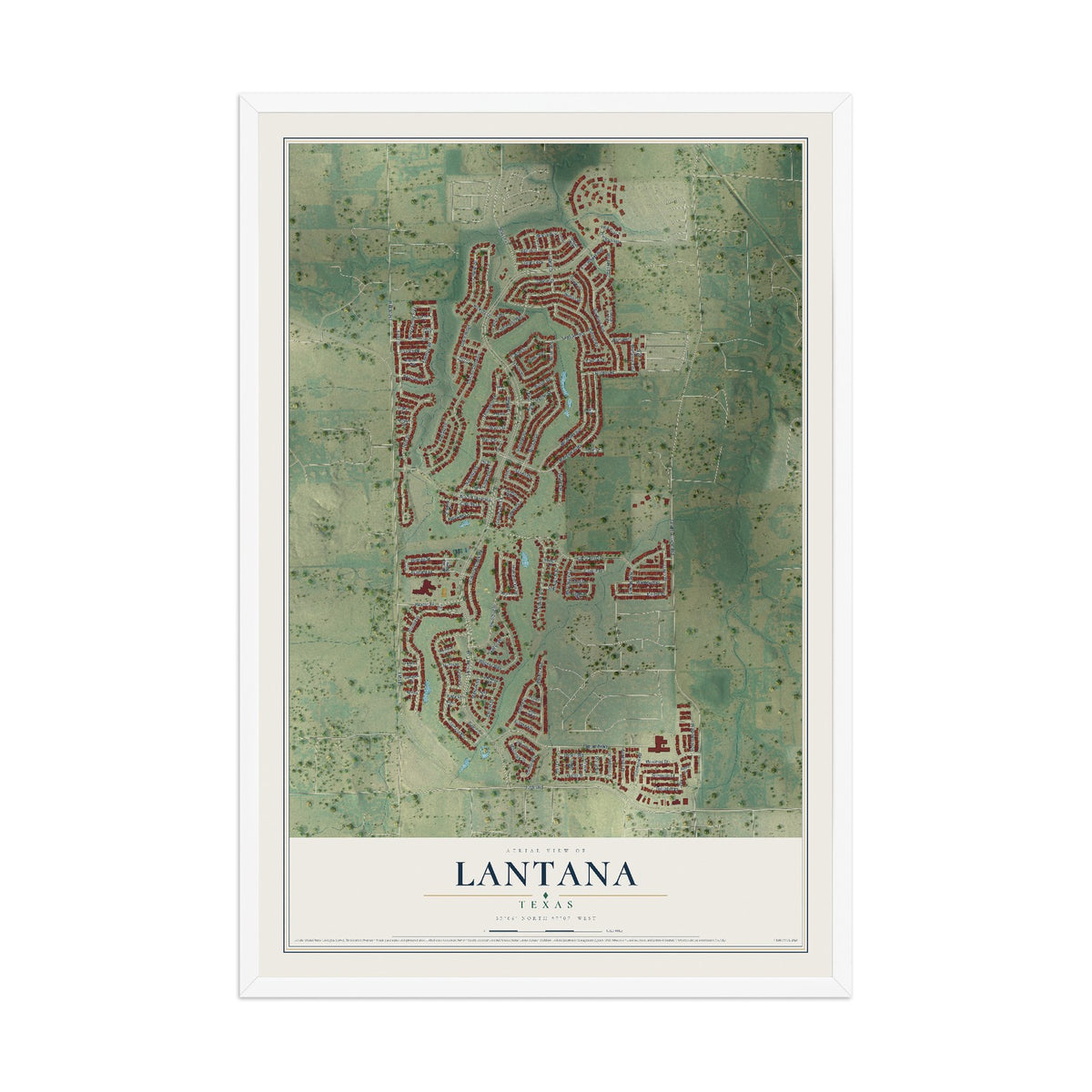 Map of Lantana, Texas, 12 x 18 inch print in a white wood frame