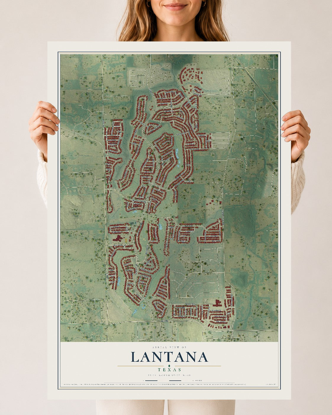 Map of Lantana, Texas, 24 x 36 inch unframed archival matte print