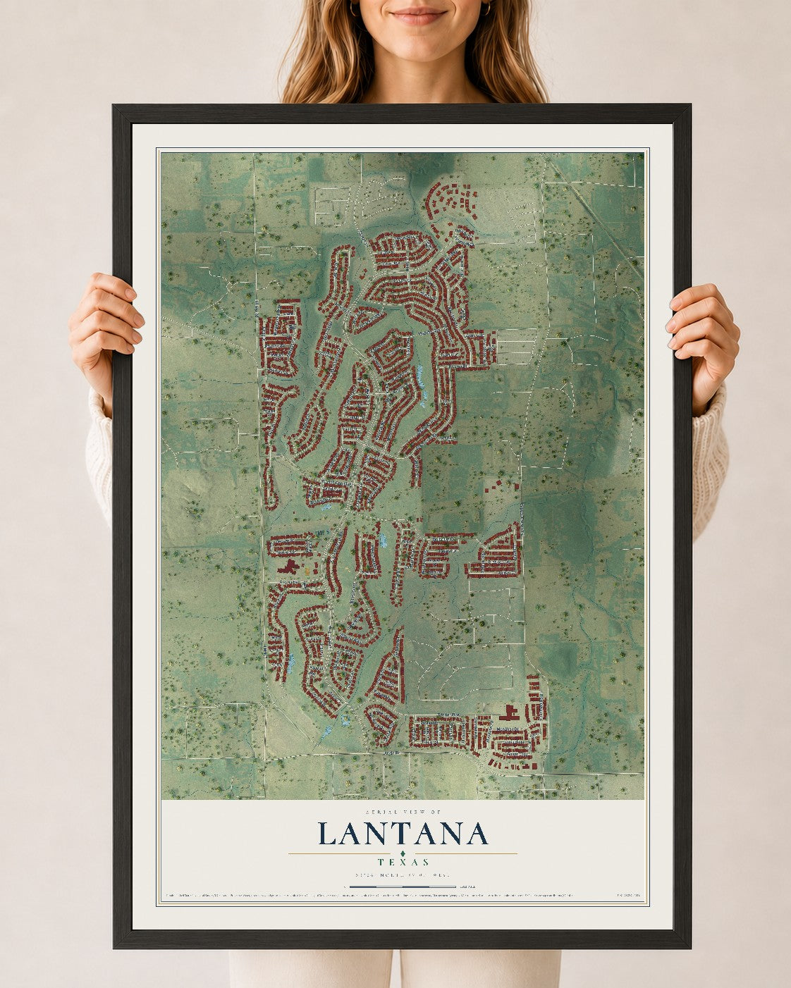 Map of Lantana, Texas, 24 x 36 inch print in a black wood frame