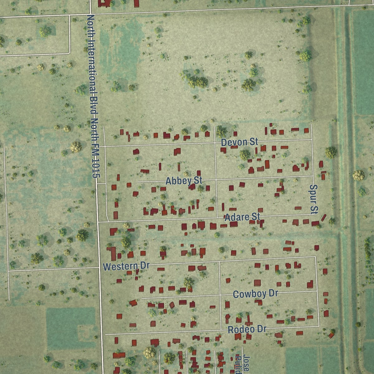 Second close-up of the map of Mila Doce, Texas print showing more streets and buildings