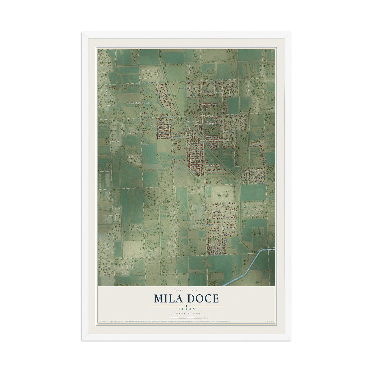 Map of Mila Doce, Texas, 12 x 18 inch print in a white wood frame
