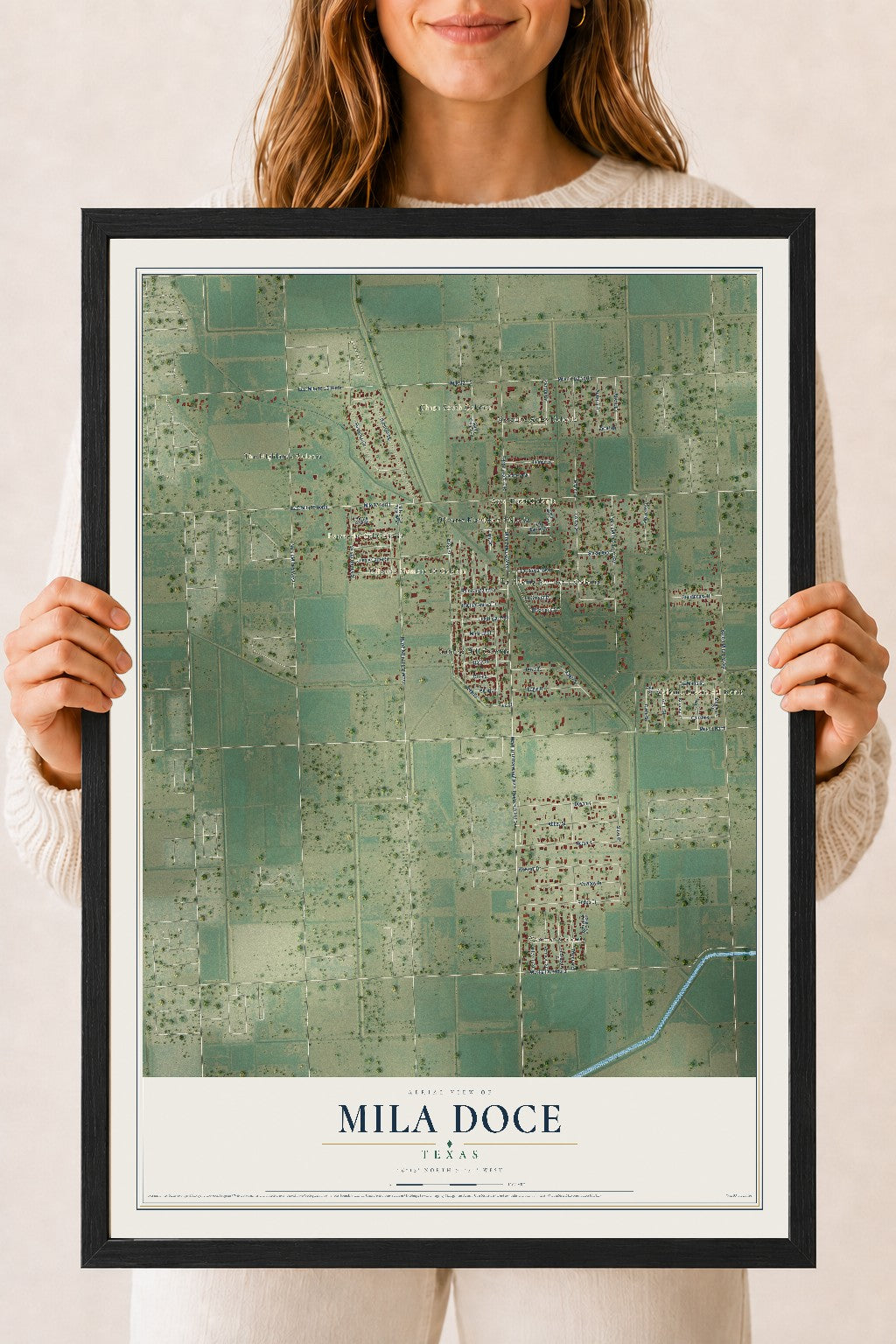 Map of Mila Doce, Texas, 18 x 24 inch print in a black wood frame