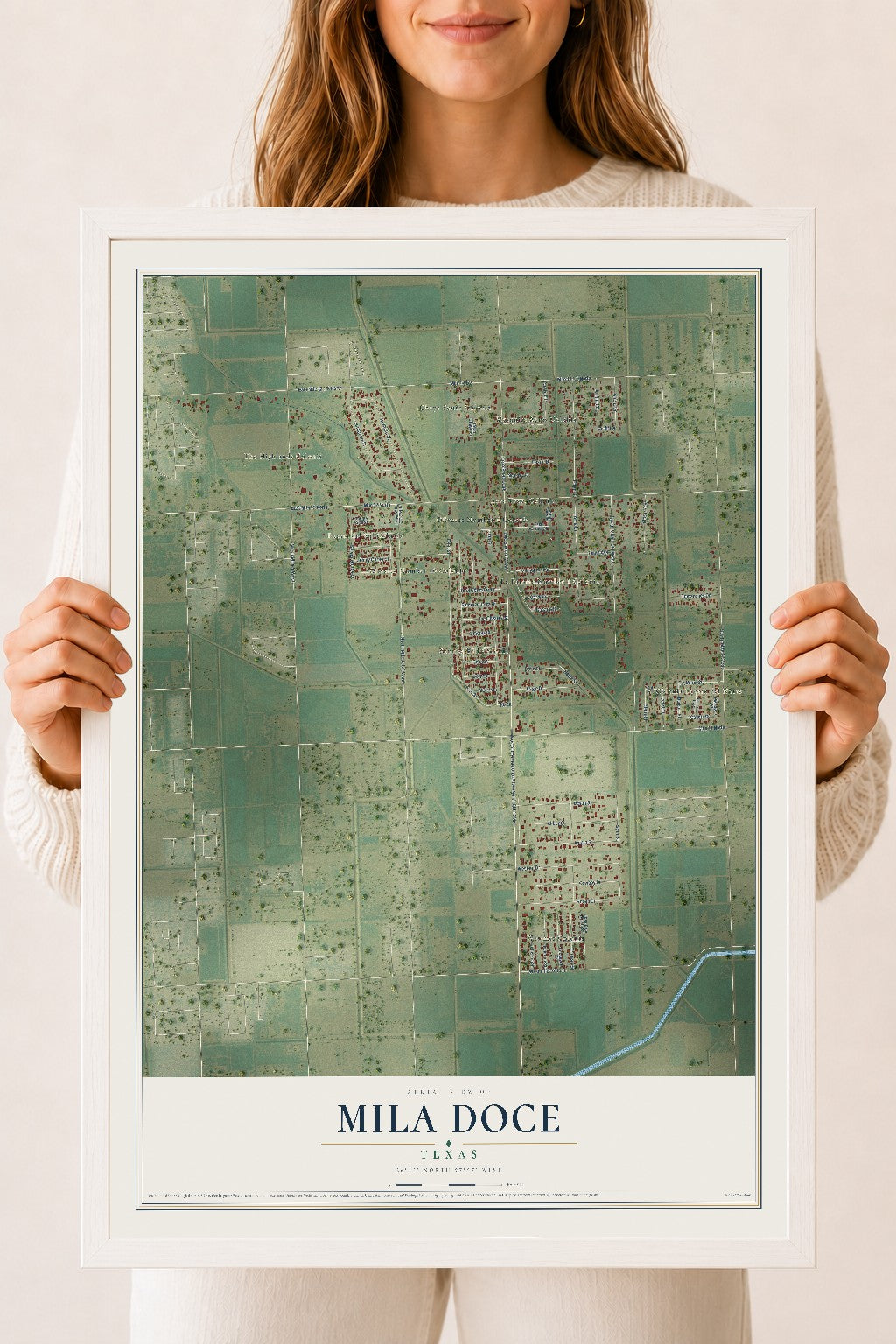 Map of Mila Doce, Texas, 18 x 24 inch print in a white wood frame
