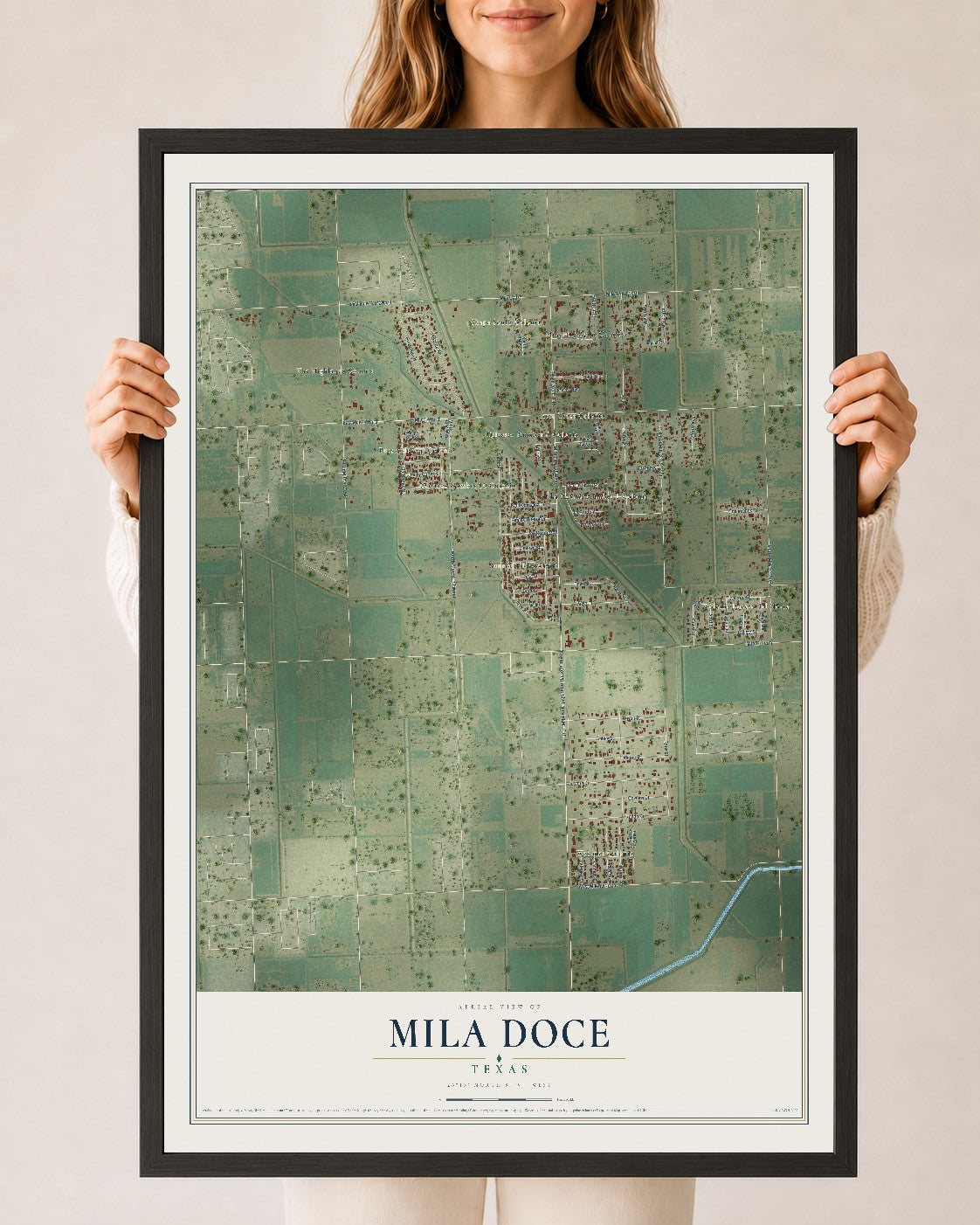 Map of Mila Doce, Texas, 24 x 36 inch print in a black wood frame