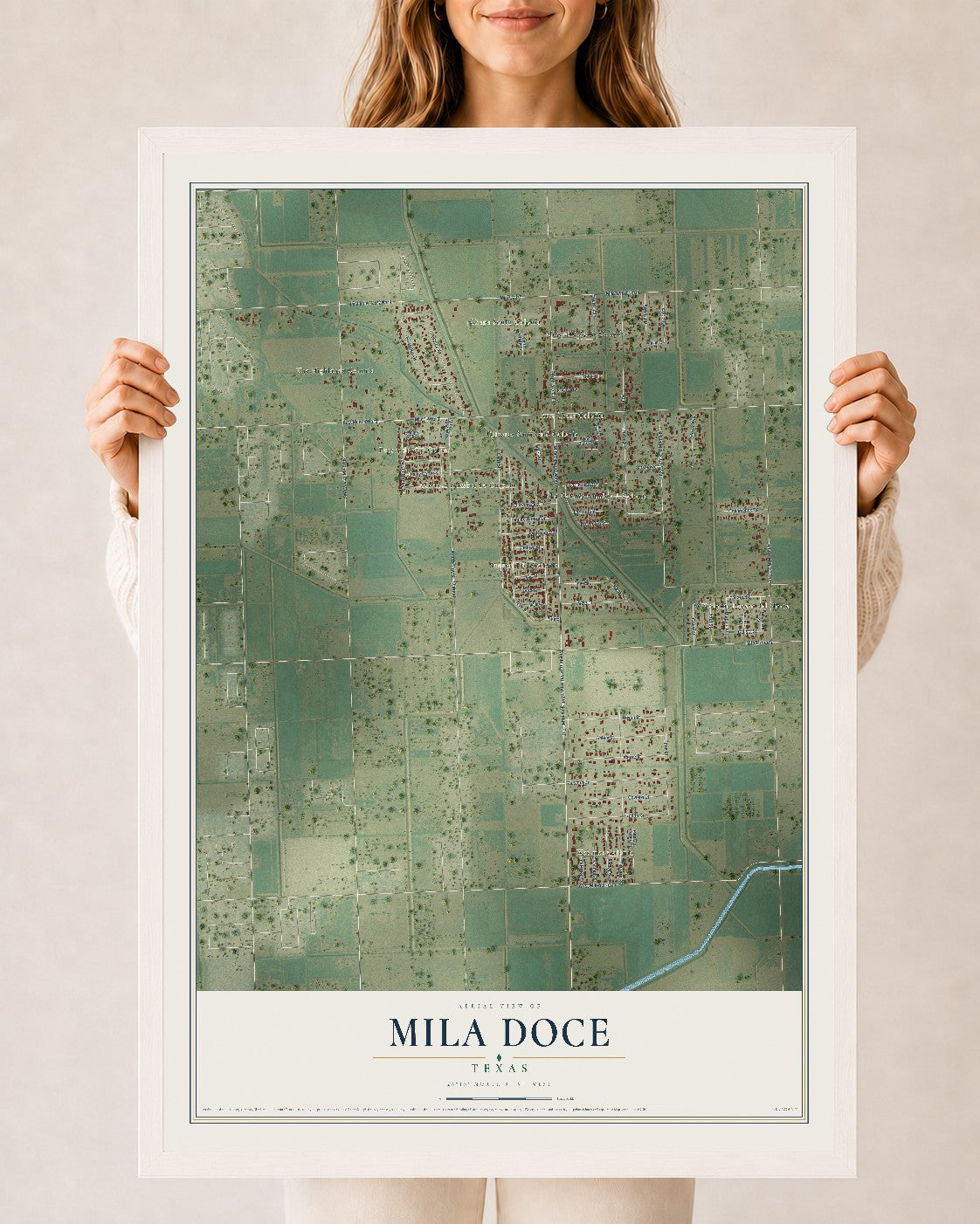 Map of Mila Doce, Texas, 24 x 36 inch print in a white wood frame