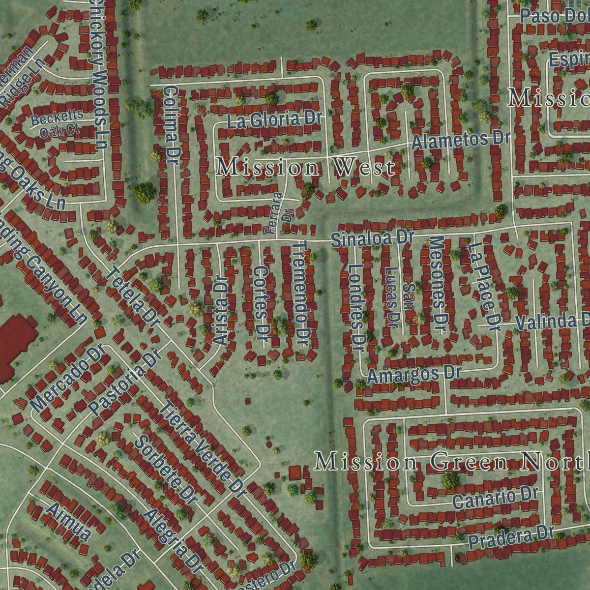 Second close-up of the map of Mission Bend, Texas print showing more streets and buildings