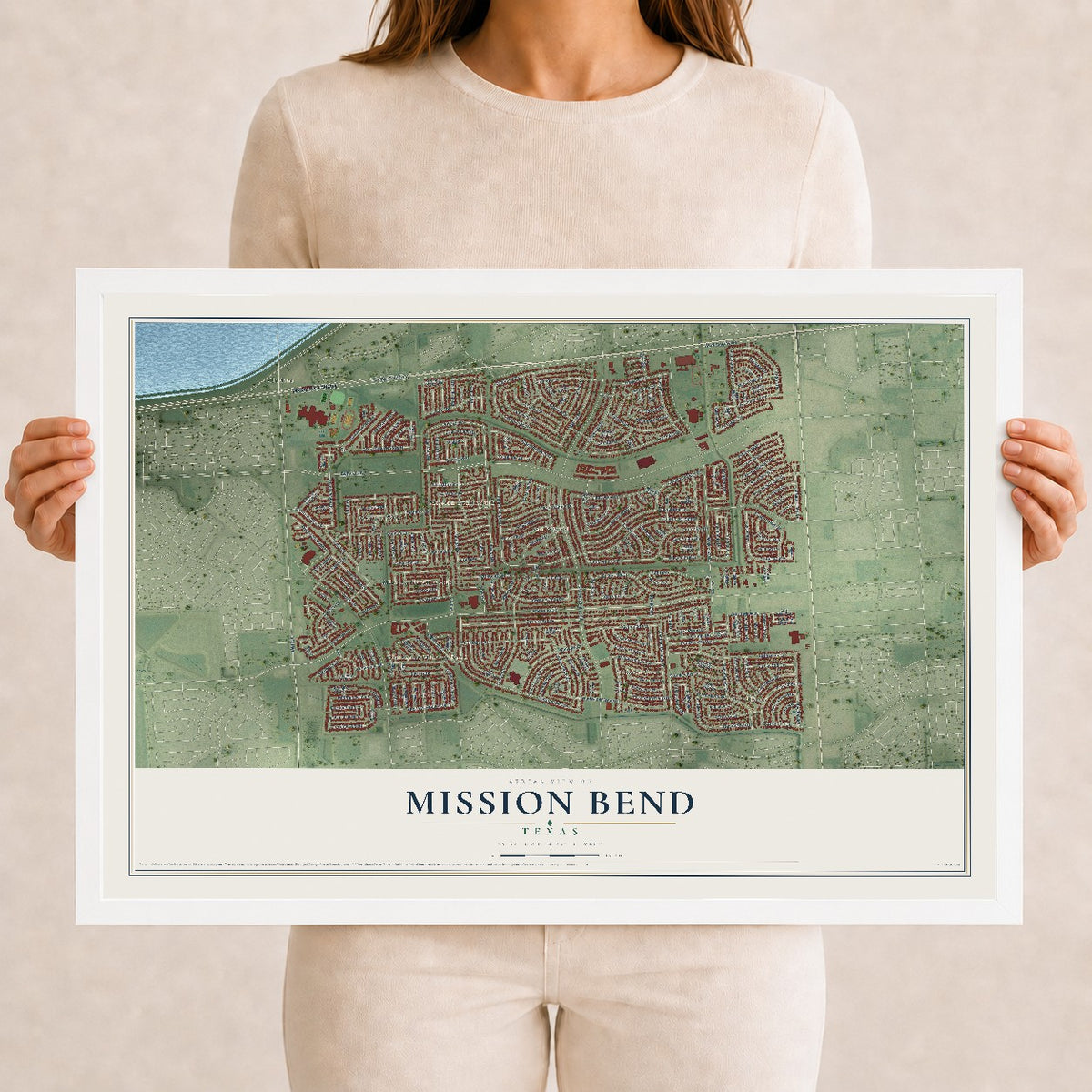 Map of Mission Bend, Texas, 12 x 18 inch print in a white wood frame