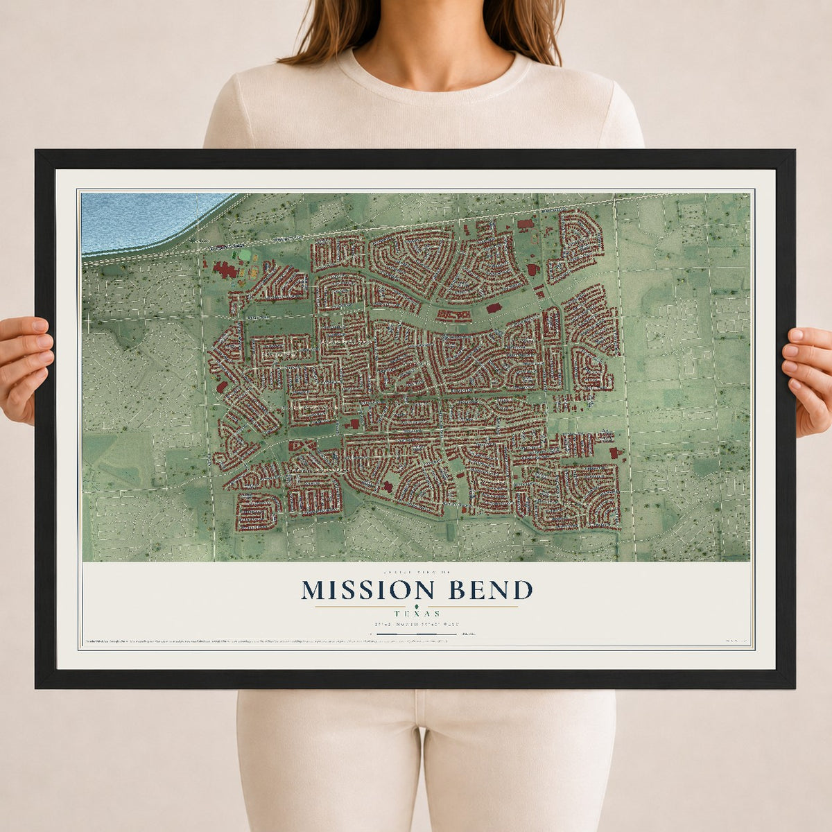 Map of Mission Bend, Texas, 18 x 24 inch print in a black wood frame