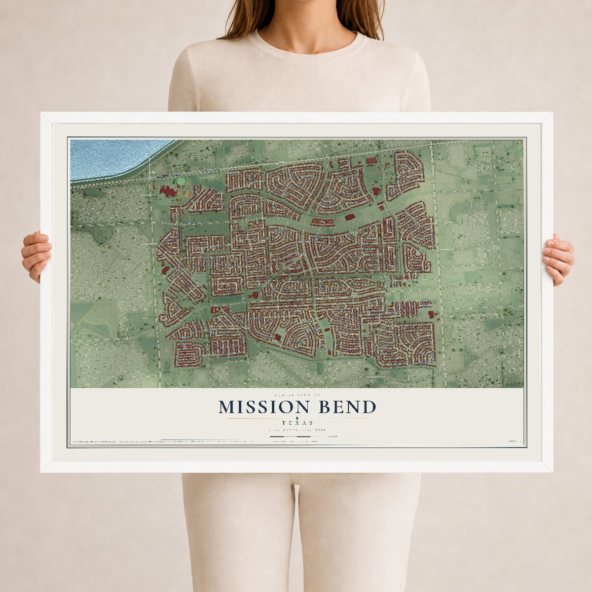 Map of Mission Bend, Texas, 24 x 36 inch print in a white wood frame