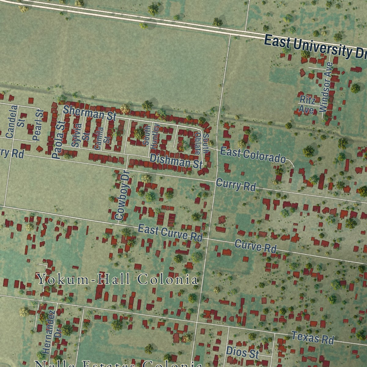Second close-up of the map of Murillo, Texas print showing more streets and buildings