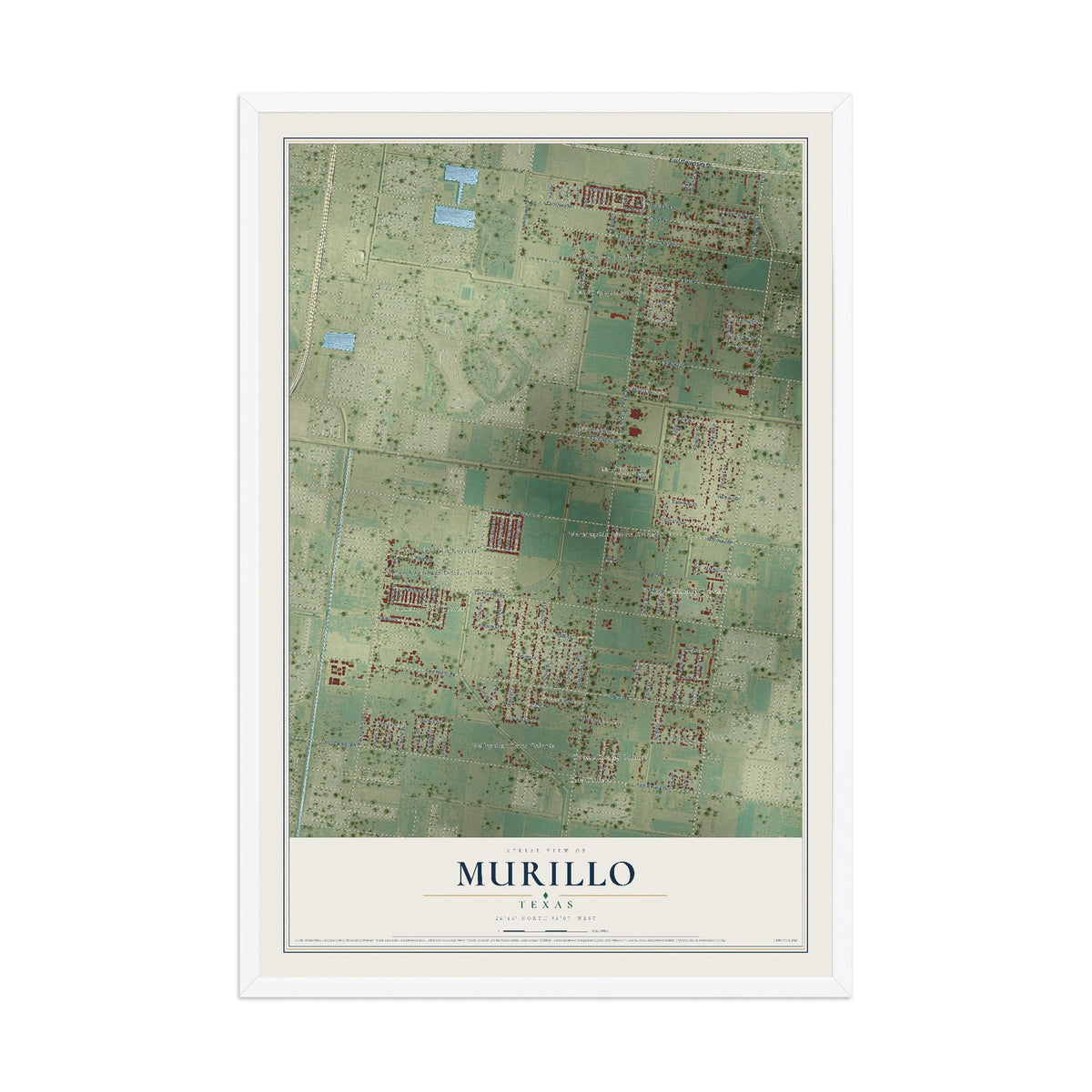 Map of Murillo, Texas, 12 x 18 inch print in a white wood frame