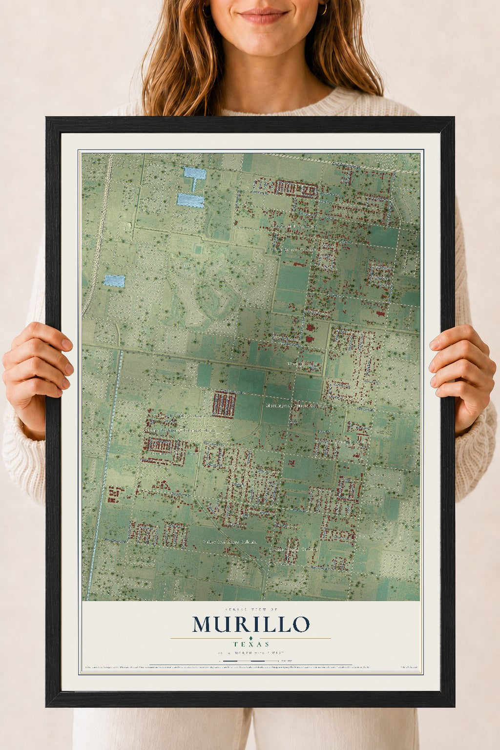 Map of Murillo, Texas, 18 x 24 inch print in a black wood frame