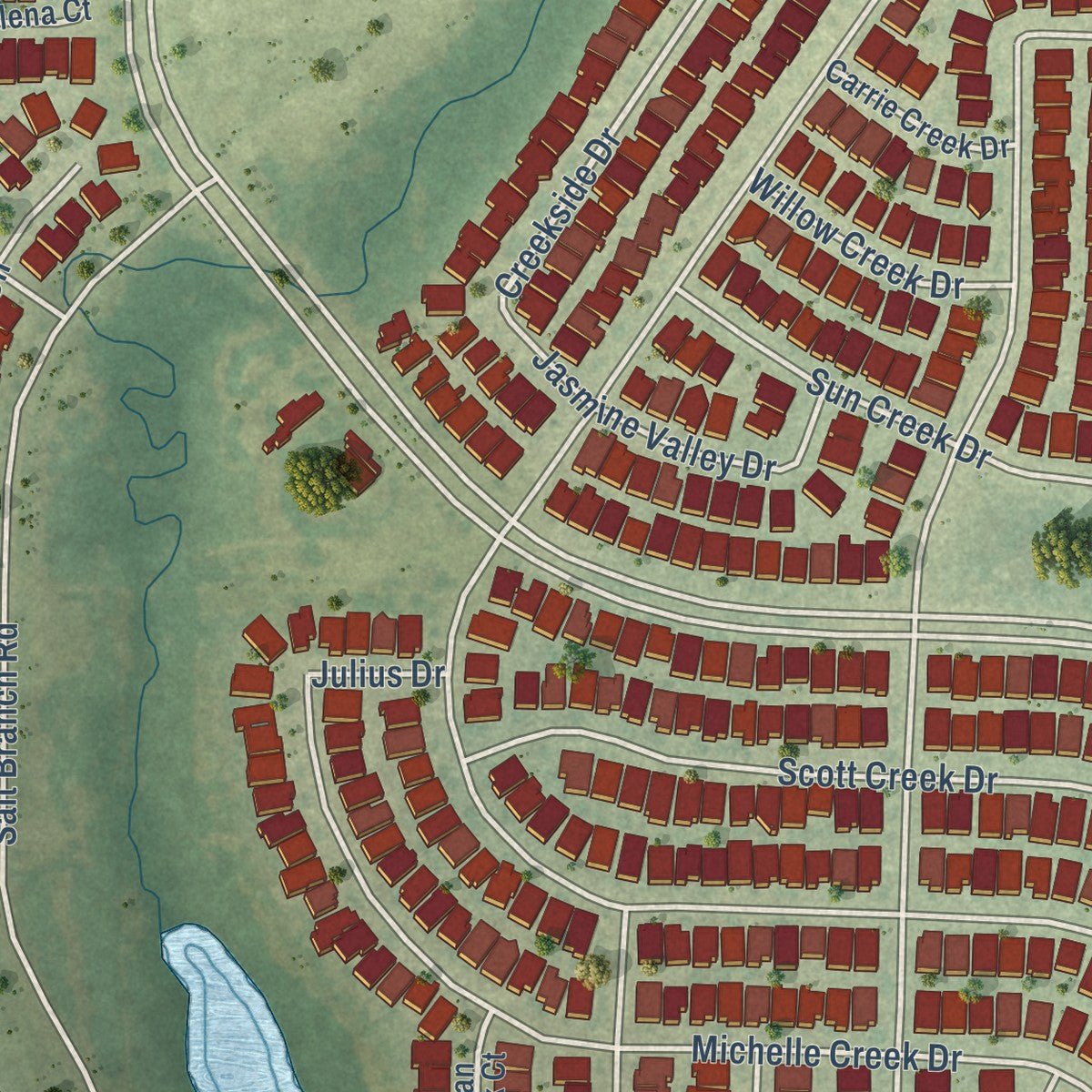 Second close-up of the map of Paloma Creek South, Texas print showing more streets and buildings