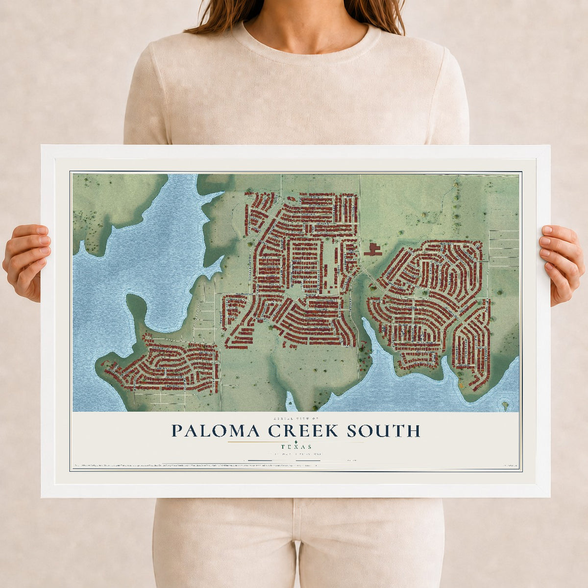 Map of Paloma Creek South, Texas, 12 x 18 inch print in a white wood frame