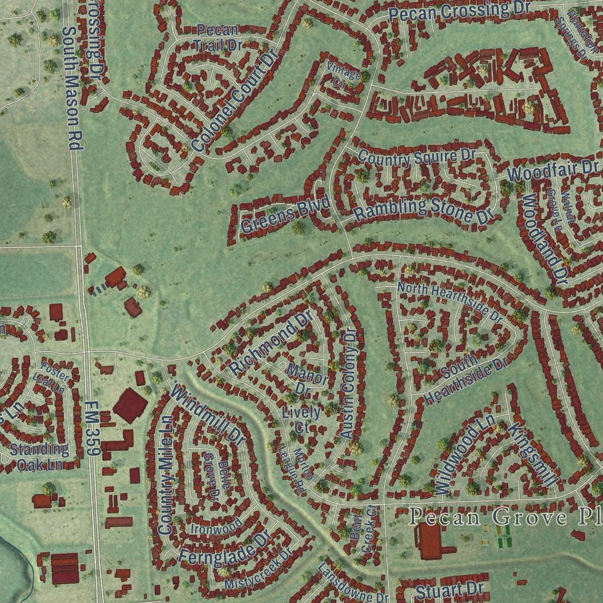 Close-up of the map of Pecan Grove, Texas print showing street and building detail