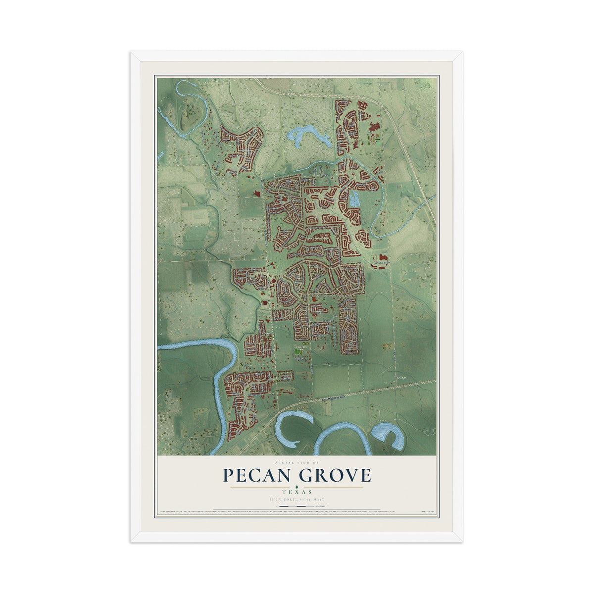 Map of Pecan Grove, Texas, 12 x 18 inch print in a white wood frame