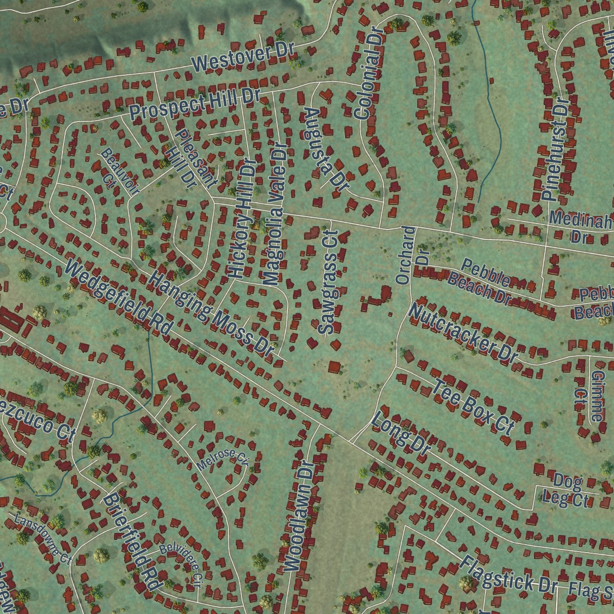 Close-up of the map of Pecan Plantation, Texas print showing street and building detail