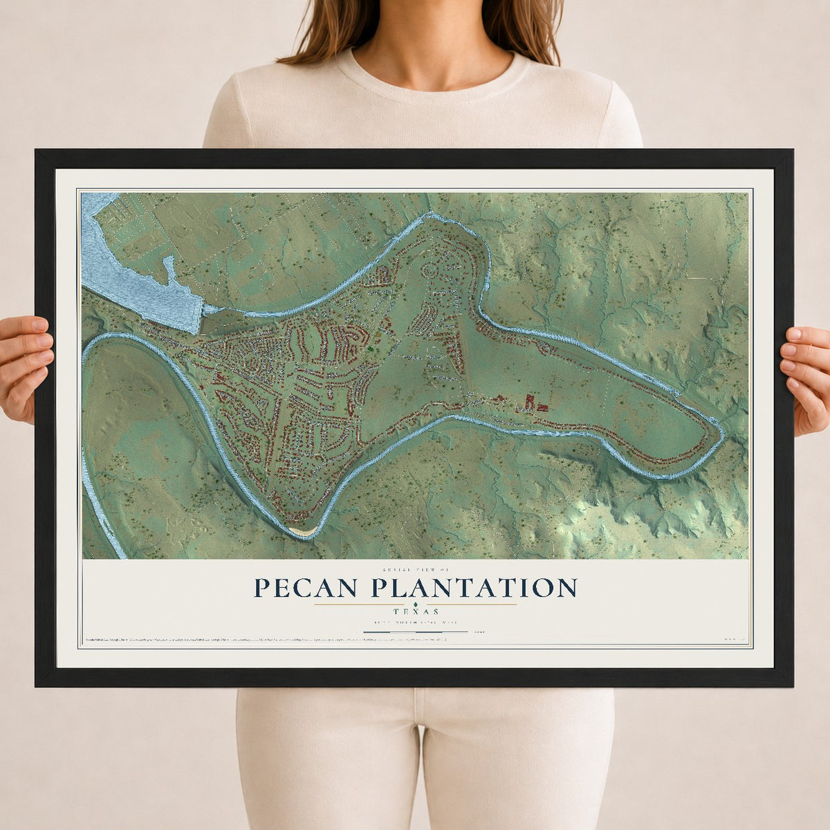 Map of Pecan Plantation, Texas, 18 x 24 inch print in a black wood frame