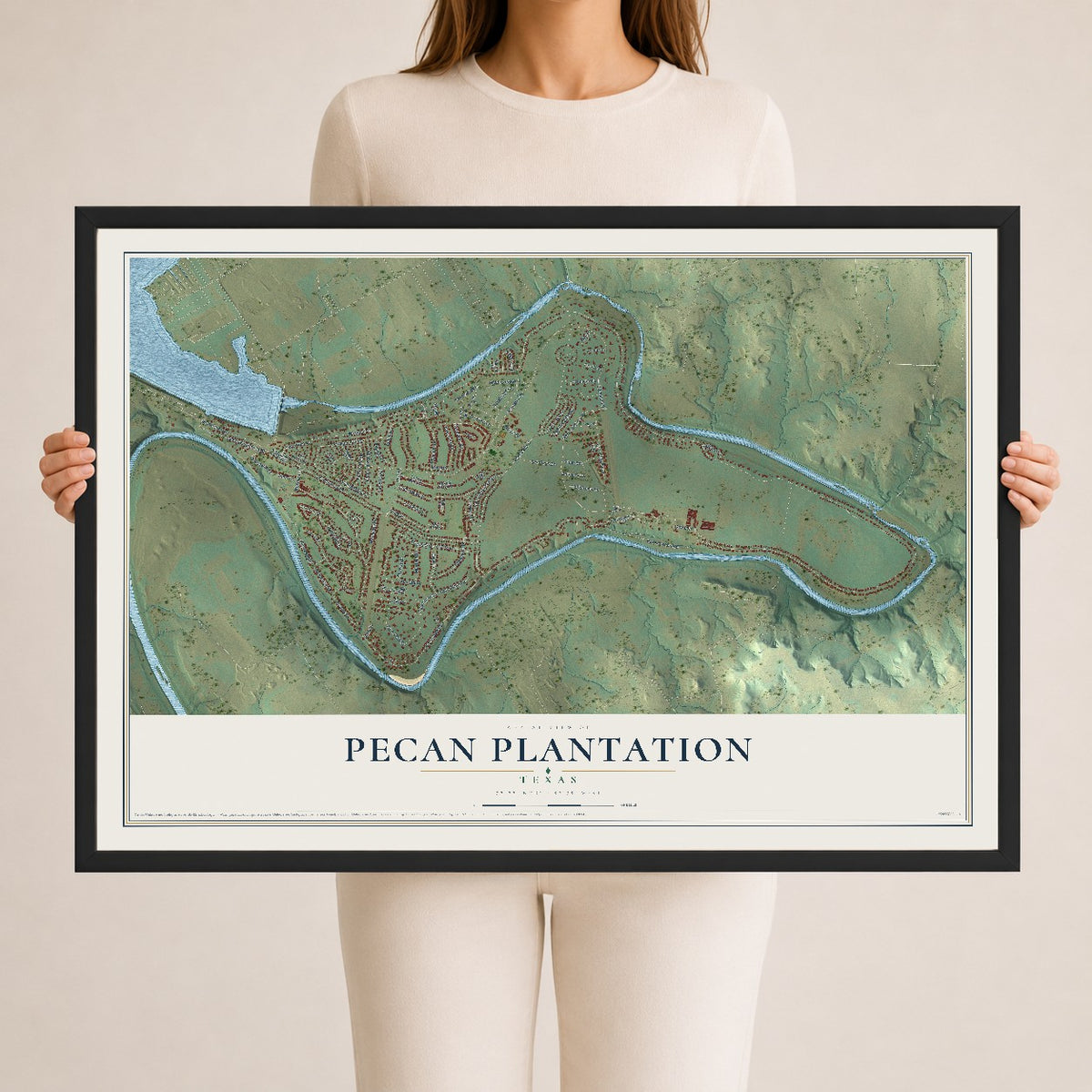 Map of Pecan Plantation, Texas, 24 x 36 inch print in a black wood frame