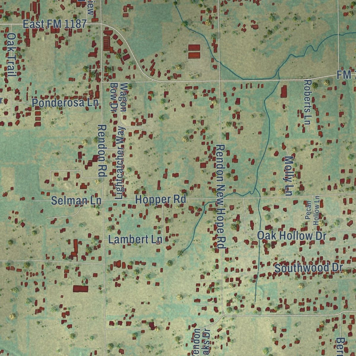 Close-up of the map of Rendon, Texas print showing street and building detail