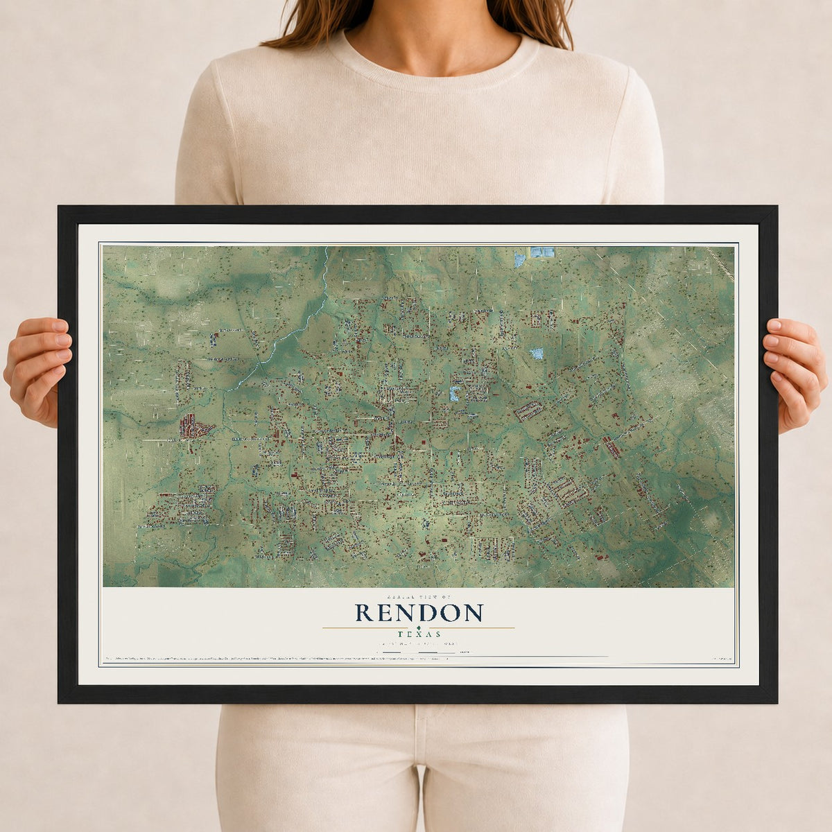 Map of Rendon, Texas, 12 x 18 inch print in a black wood frame