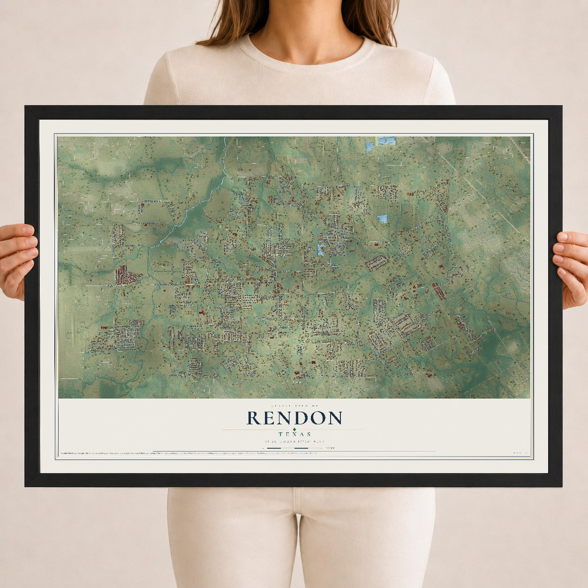Map of Rendon, Texas, 18 x 24 inch print in a black wood frame