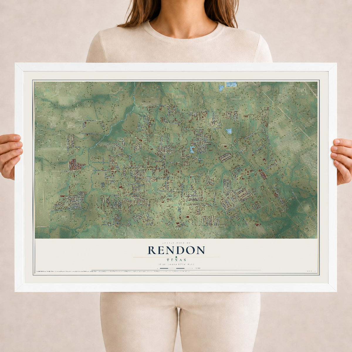 Map of Rendon, Texas, 18 x 24 inch print in a white wood frame