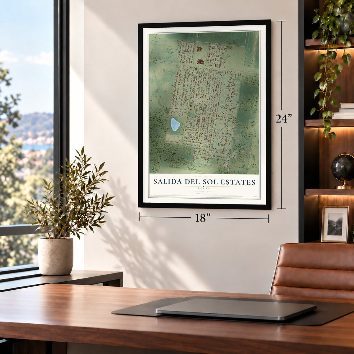 Salida del Sol Estates, Texas map, 18 x 24 inch print in a black frame in a home office