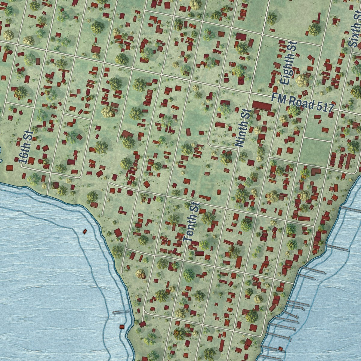 Close-up of the map of San Leon, Texas print showing street and building detail
