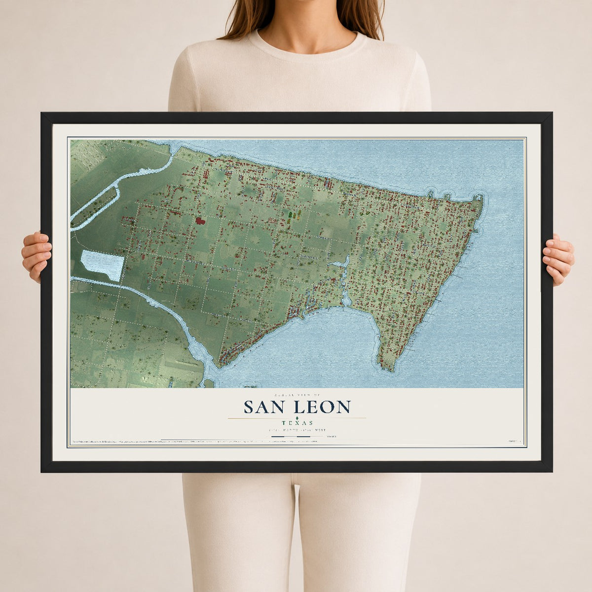 Map of San Leon, Texas, 24 x 36 inch print in a black wood frame