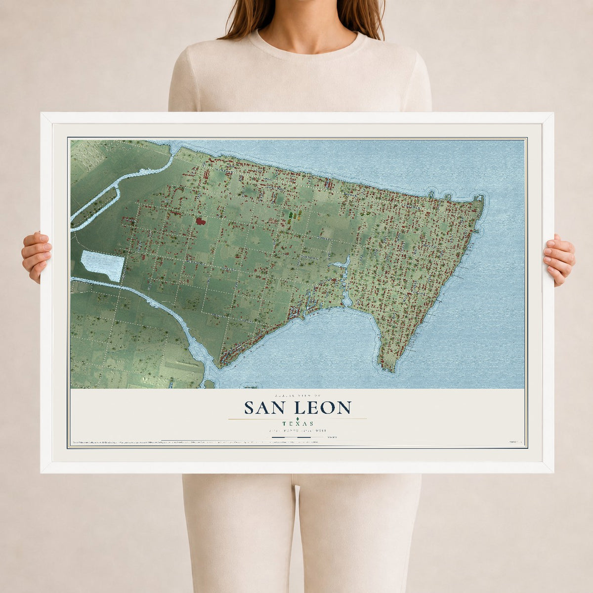 Map of San Leon, Texas, 24 x 36 inch print in a white wood frame