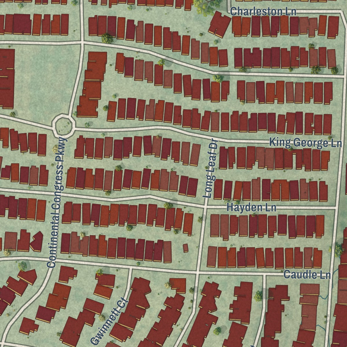 Second close-up of the map of Savannah, Texas print showing more streets and buildings